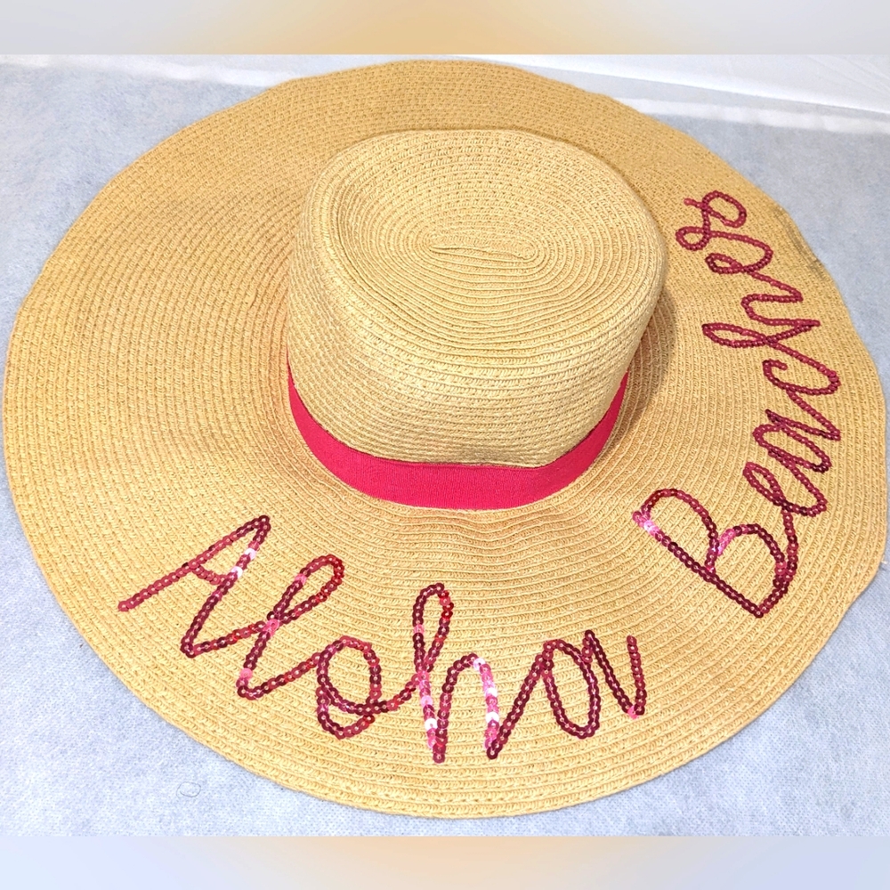 Wide Brim Sun Hat with Cursive Aloha Beaches Embroidery